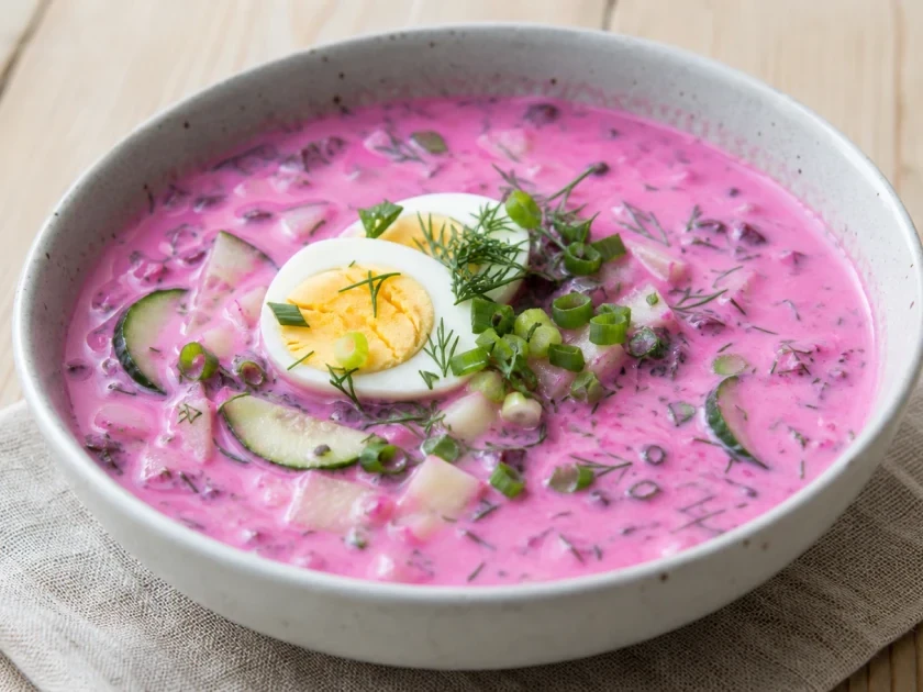 Bowl of Latvian aukstā zupa with beetroot, cucumber, egg and dill
