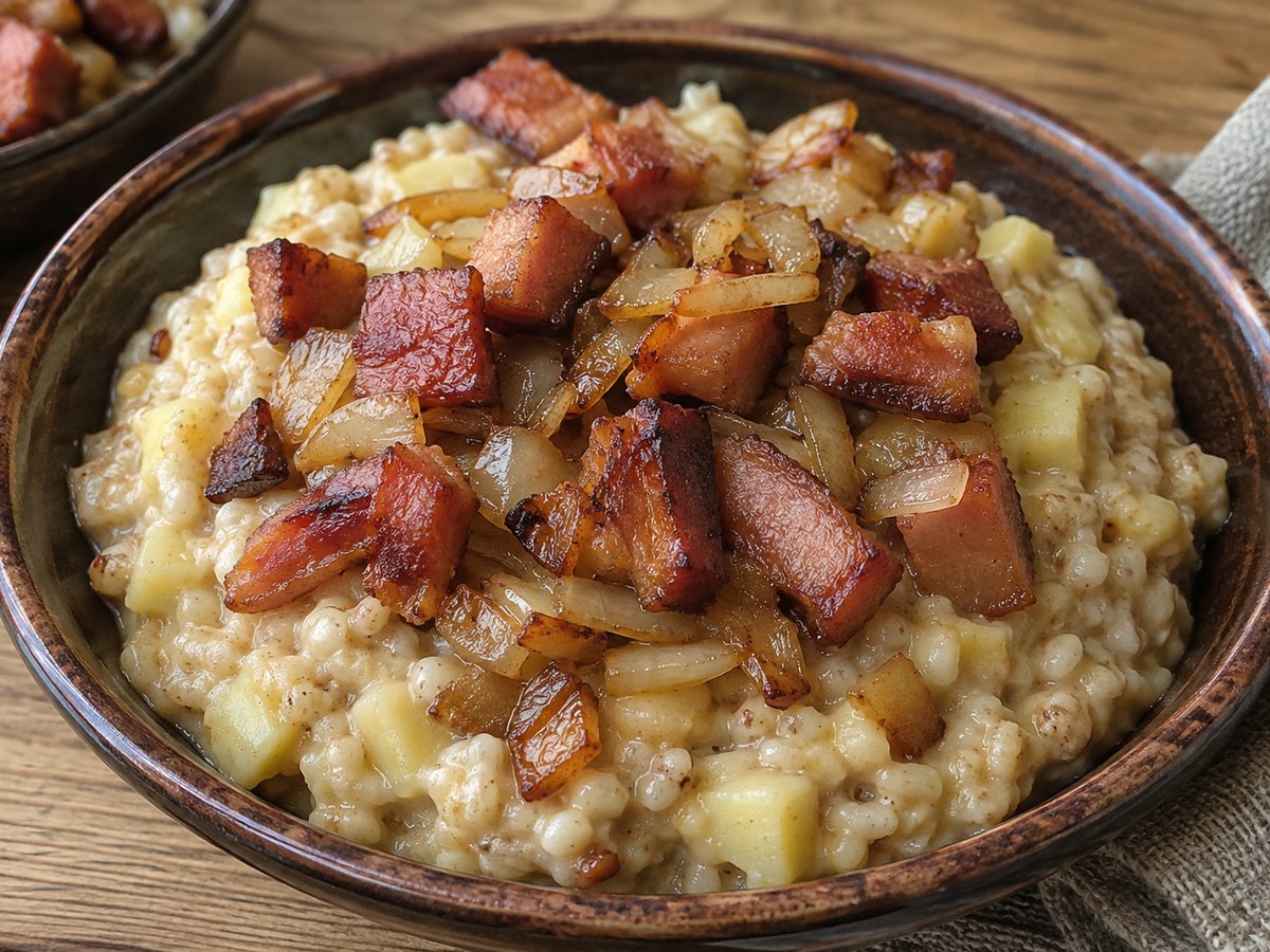 Bowl of Latvian bukstiņputra topped with smoked pork and fried onion