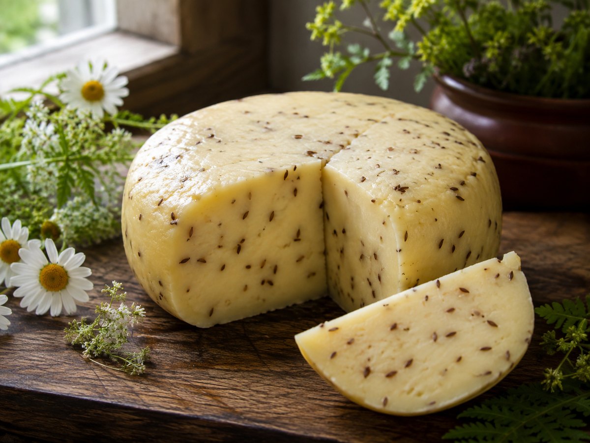 Round wheel of Latvian Jāņu siers caraway cheese with a cut wedge
