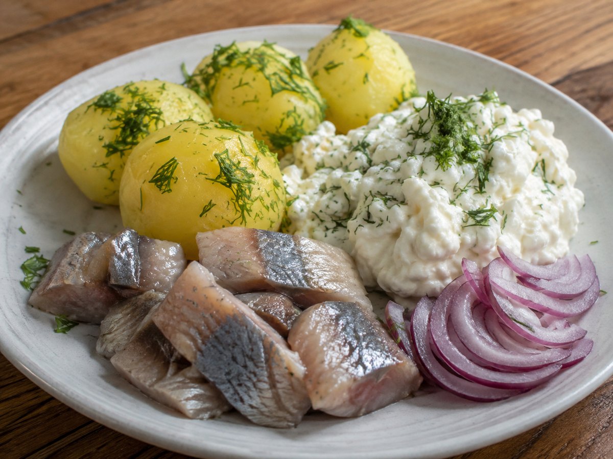 Boiled potatoes with herring, curd cheese, dill and sliced onion