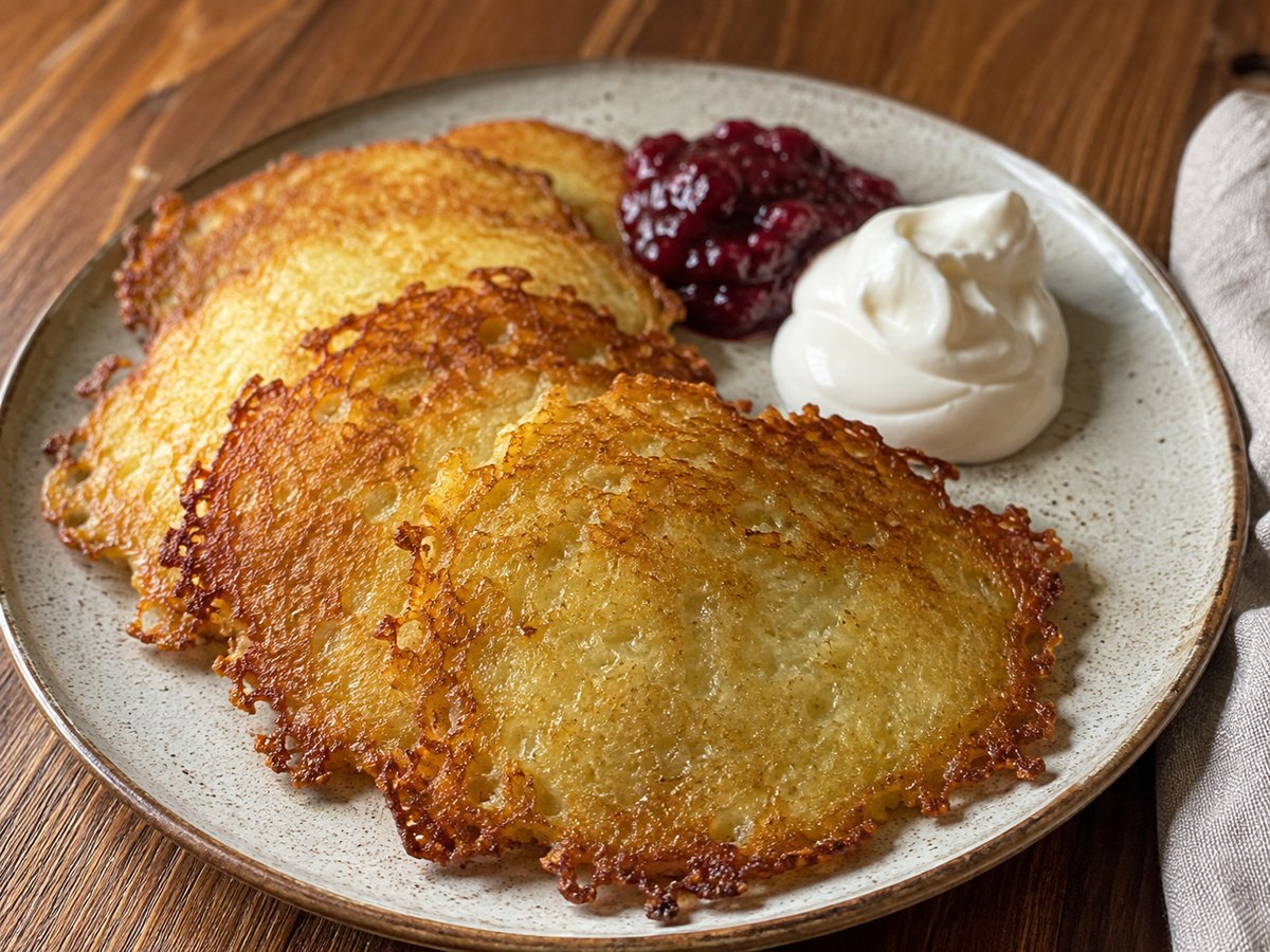 Crisp Latvian potato pancakes with sour cream and lingonberry preserve
