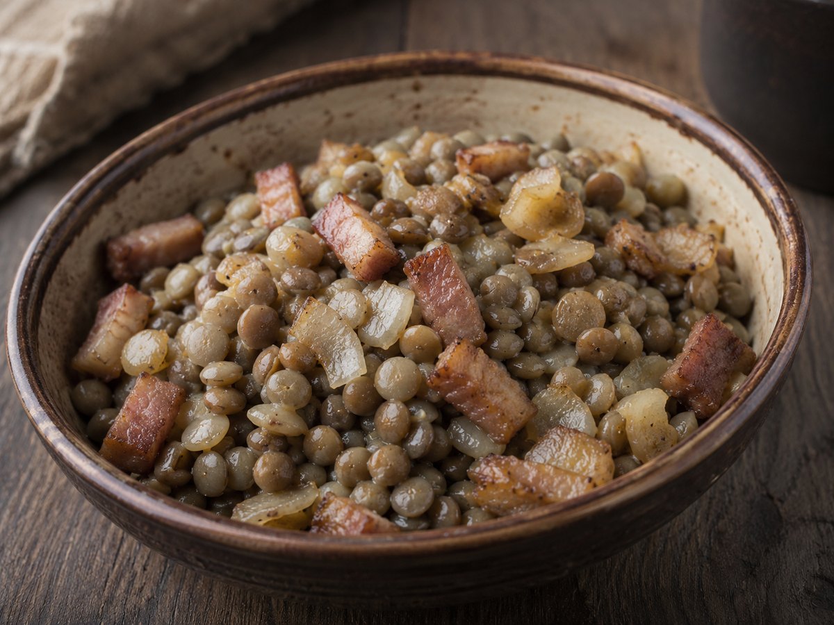 Bowl of Latvian grey peas with smoked pork and fried onion