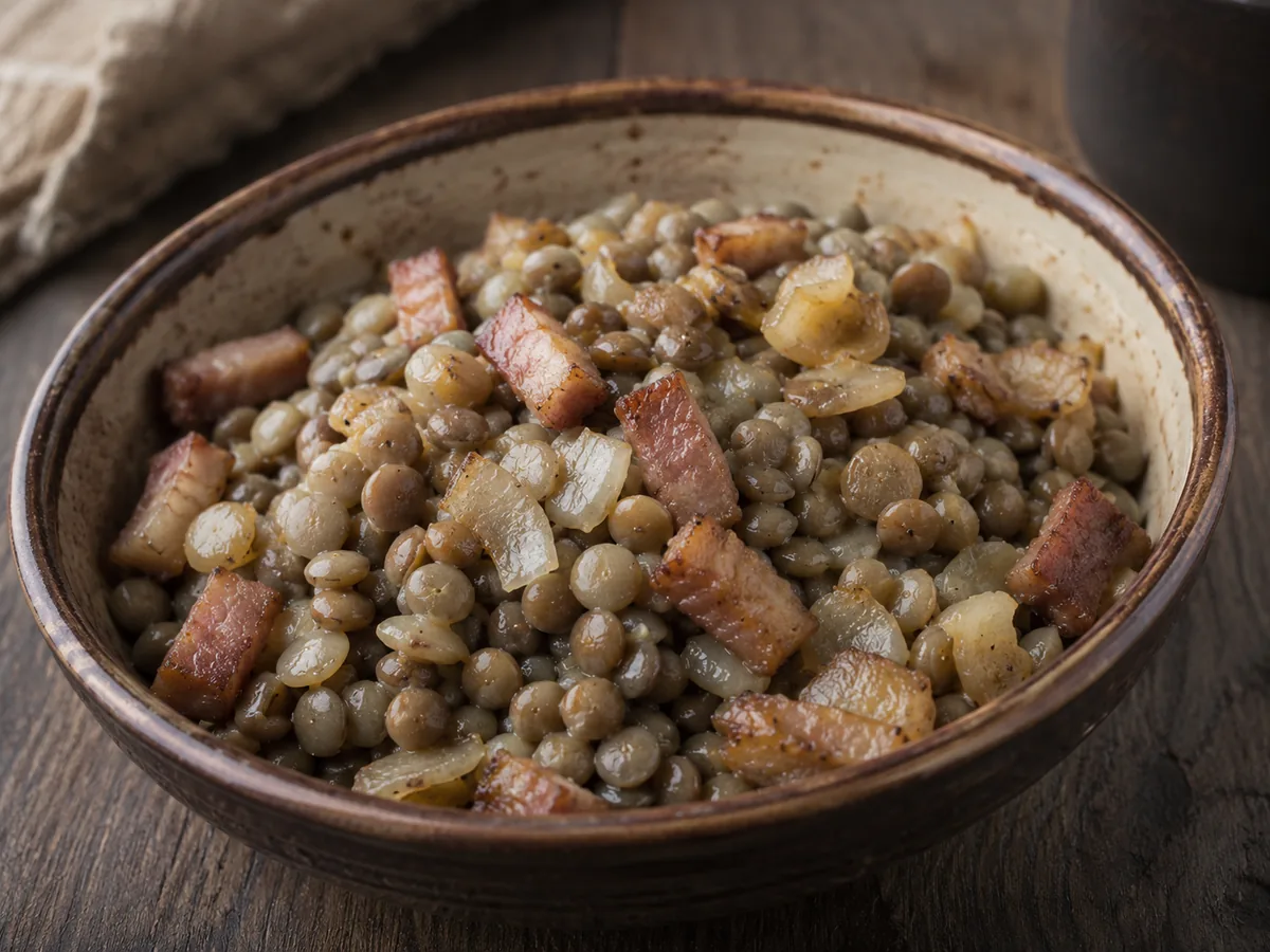 Bowl of Latvian grey peas with smoked pork and fried onion
