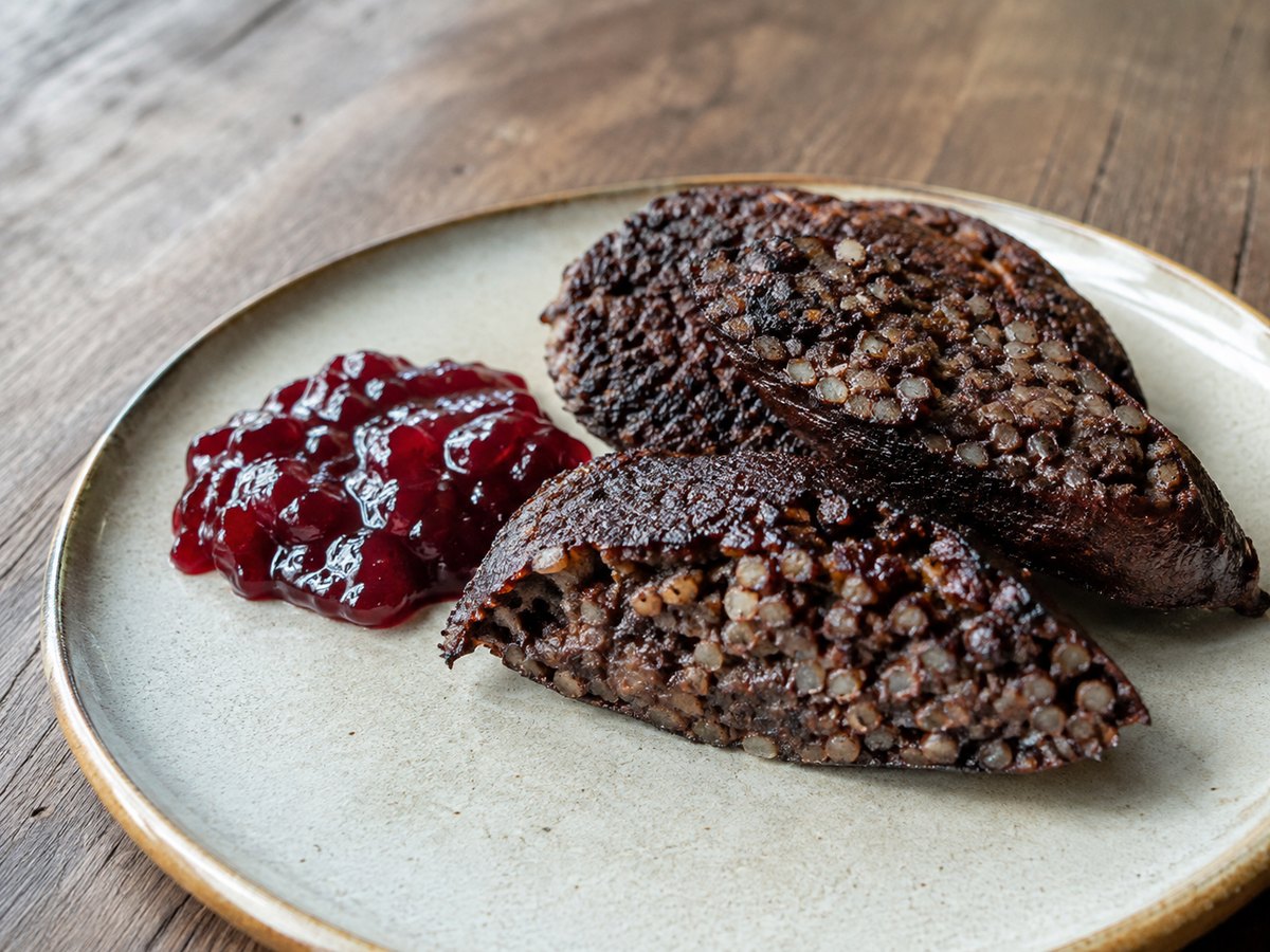 Slices of Latvian putraimdesa barley blood sausage with berry preserve