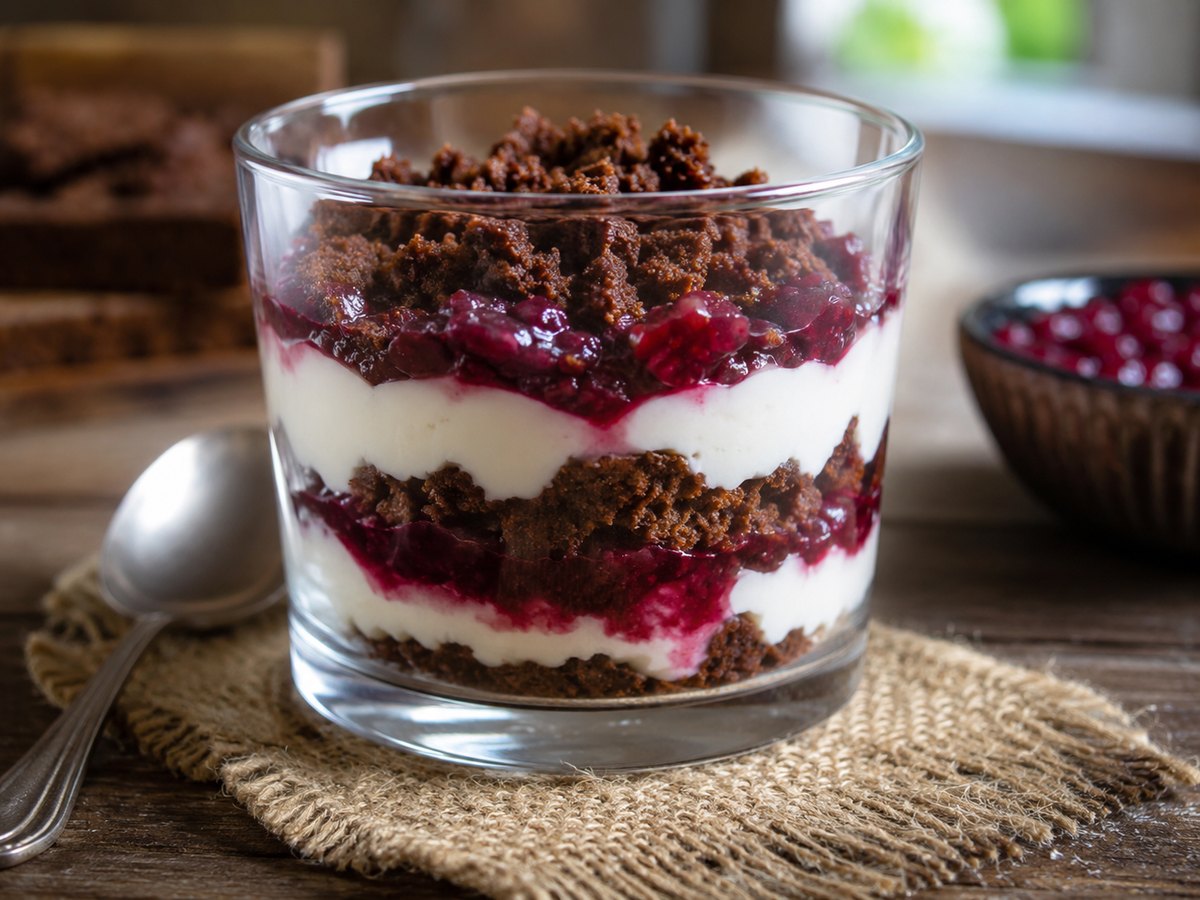 Latvian rupjmaizes kārtojums layered with rye crumbs, cream and berries