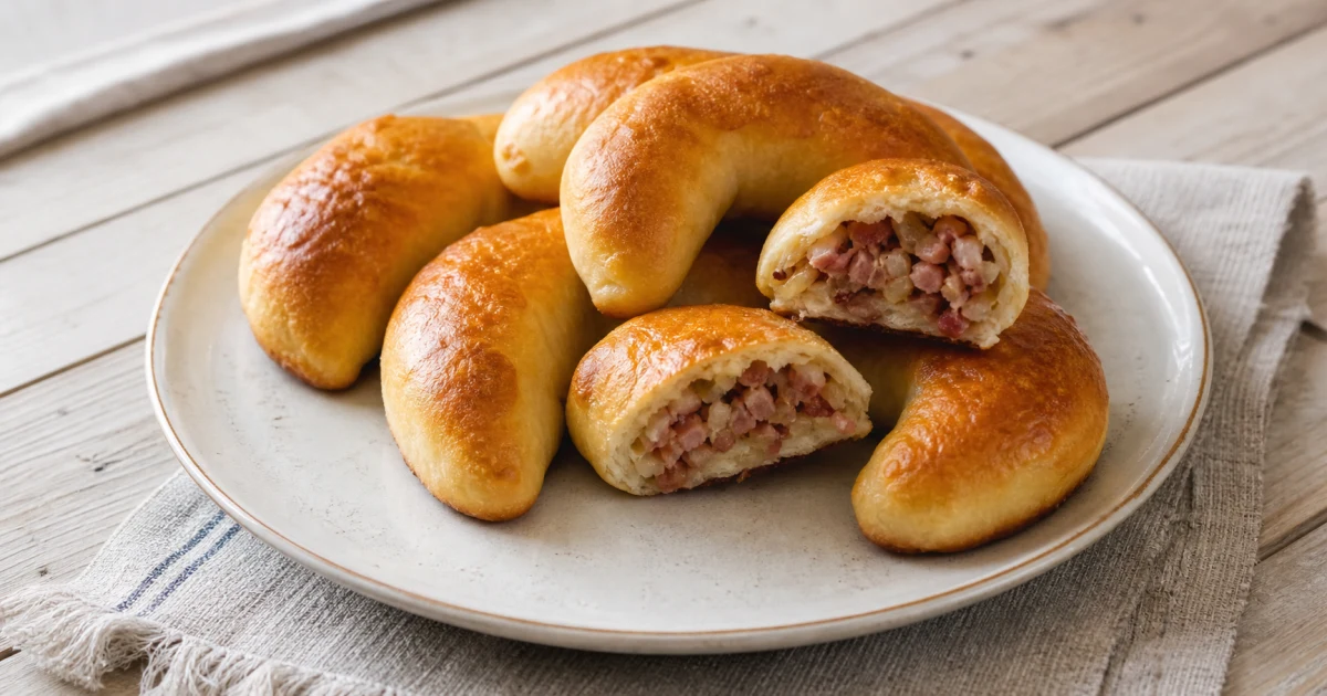Latvian speķa pīrāgi bacon buns on a serving plate