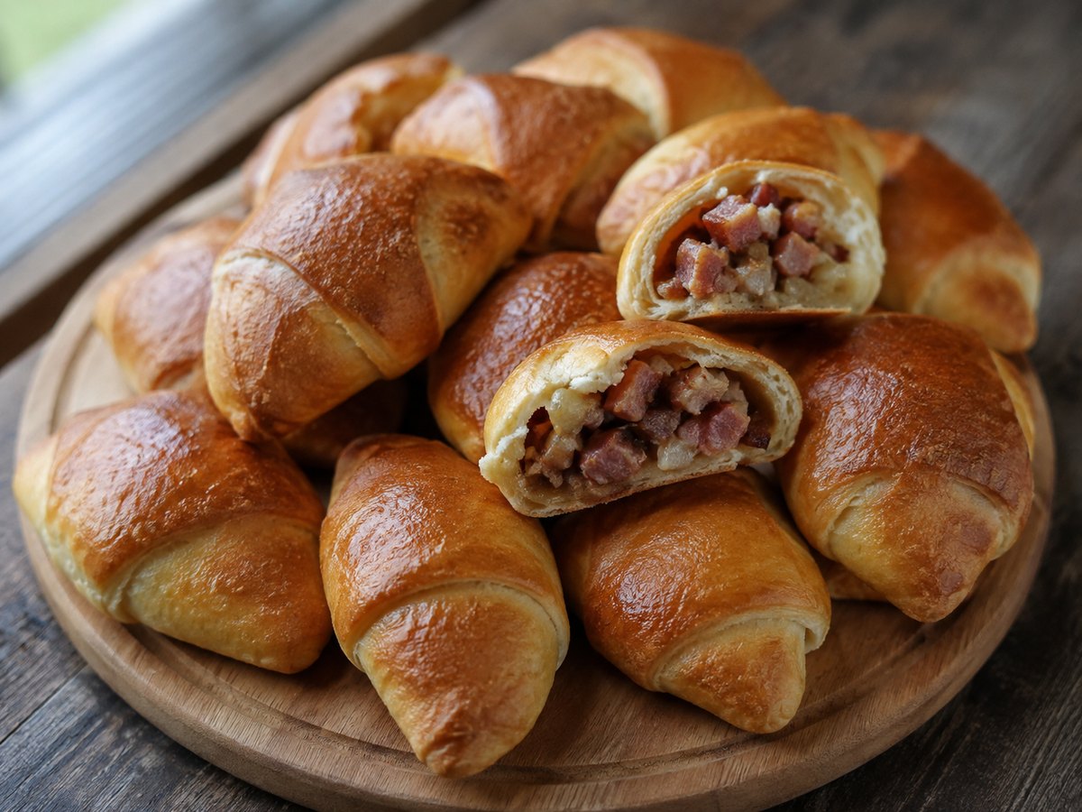 Golden Latvian speķa pīrāgi filled with smoked pork and onion