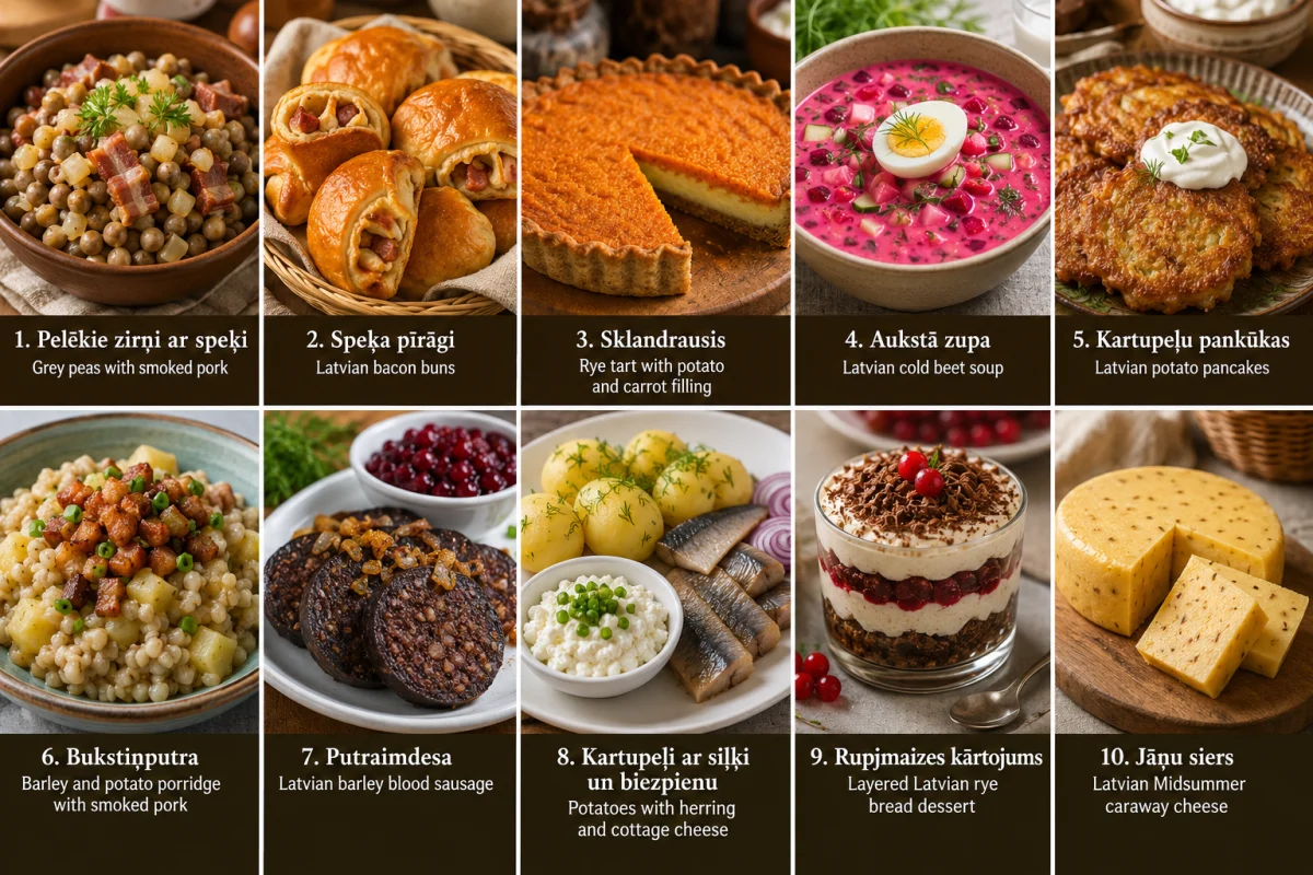 Collage of ten traditional Latvian dishes with Latvian and English names