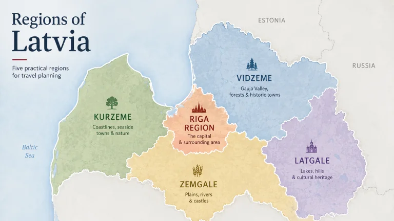 Illustrated map of Latvia’s five practical travel regions