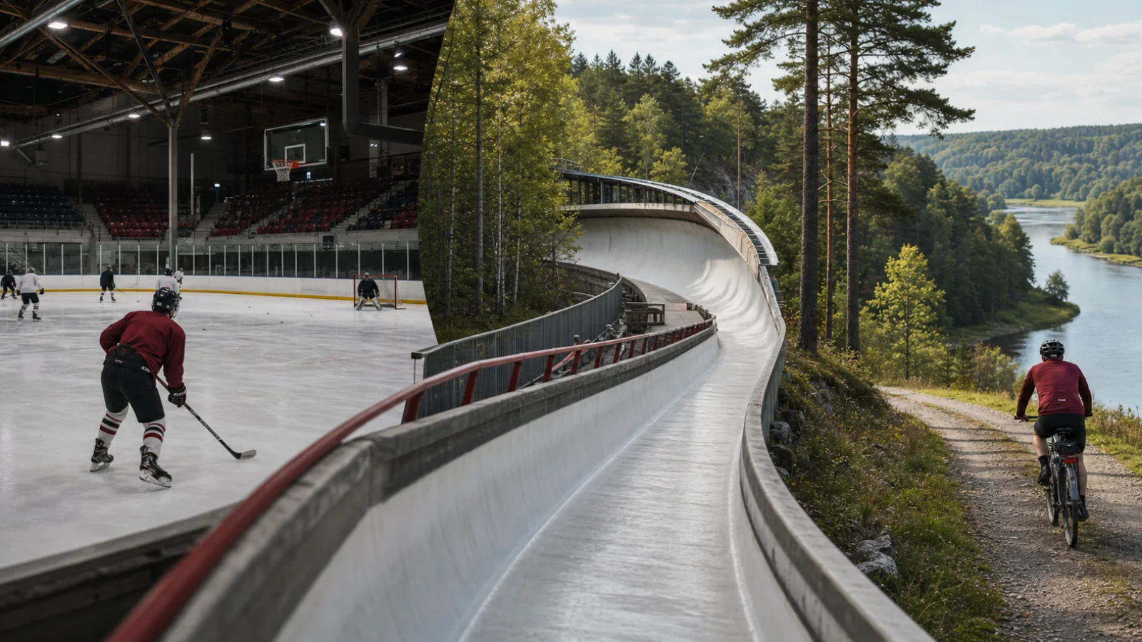 Editorial montage of ice hockey, a sliding track in a forest and cycling beside a Latvian river valley