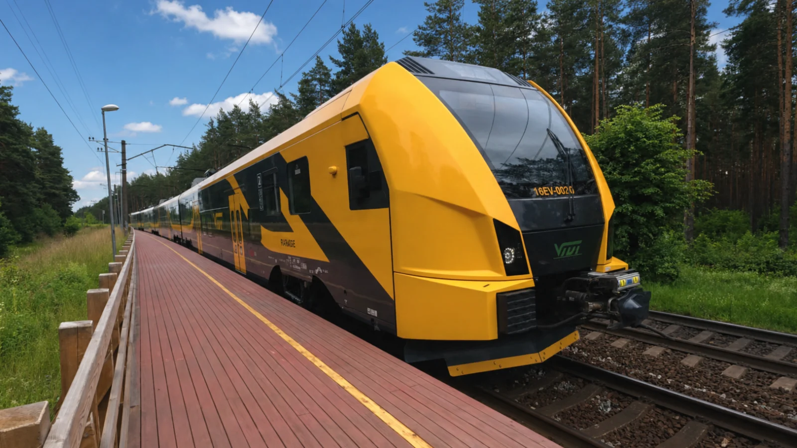 Modern yellow Vivi passenger train at a forest station under a blue summer sky